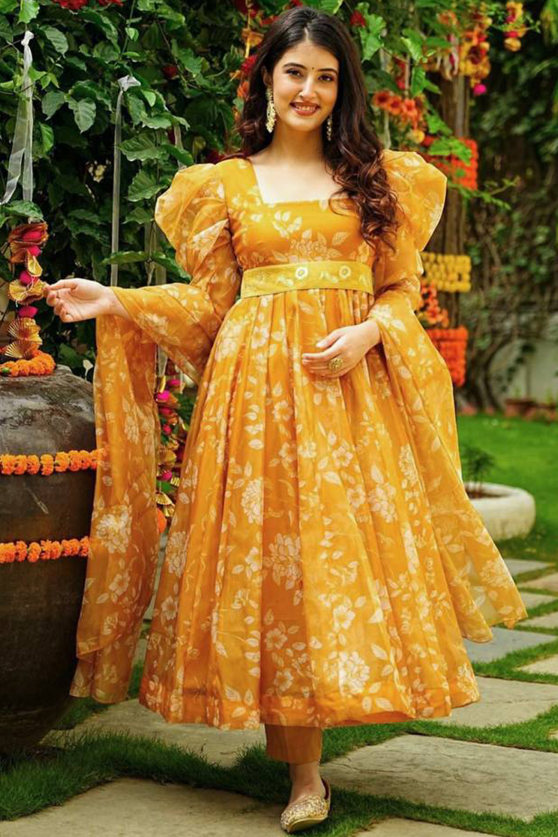 yellow long gown design images | Yellow Colour Gown with White Combine